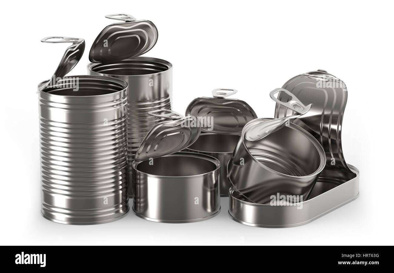 Open metal tin cans on white background 3D rendering Stock Photo