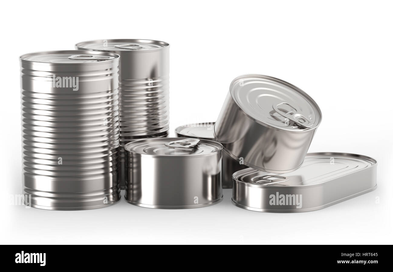 Closed metal tin cans on white background 3D rendering Stock Photo