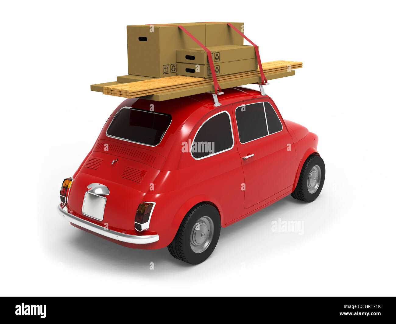 Little red car, with boxes on the roof on white background 3D rendering Stock Photo