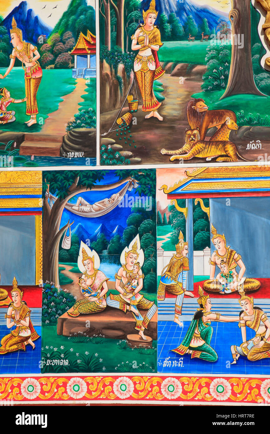 Laos, Vientiane, buddhist temple, mural paintings Stock Photo Alamy