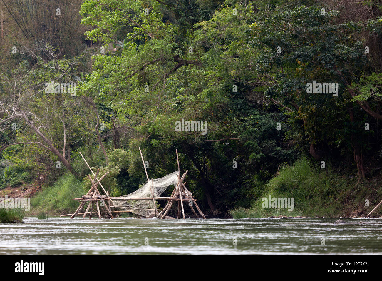 A branch structure with net for a fish trap on the Ou river, a tributary of the Mekong. Structure de branchages et filet pour un piège à poissons. Stock Photo