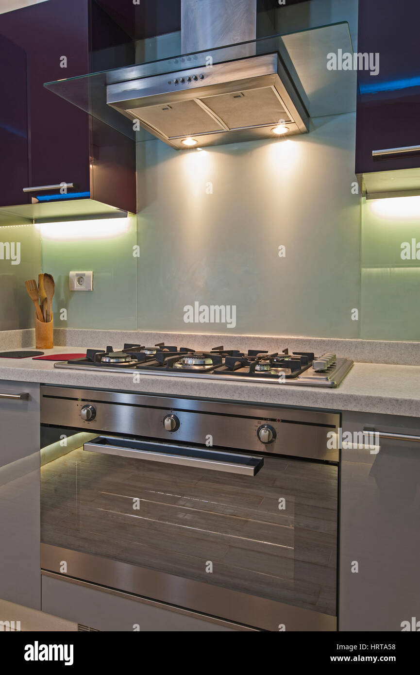 Interior design decor showing modern kitchen and appliances in luxury apartment showroom Stock Photo