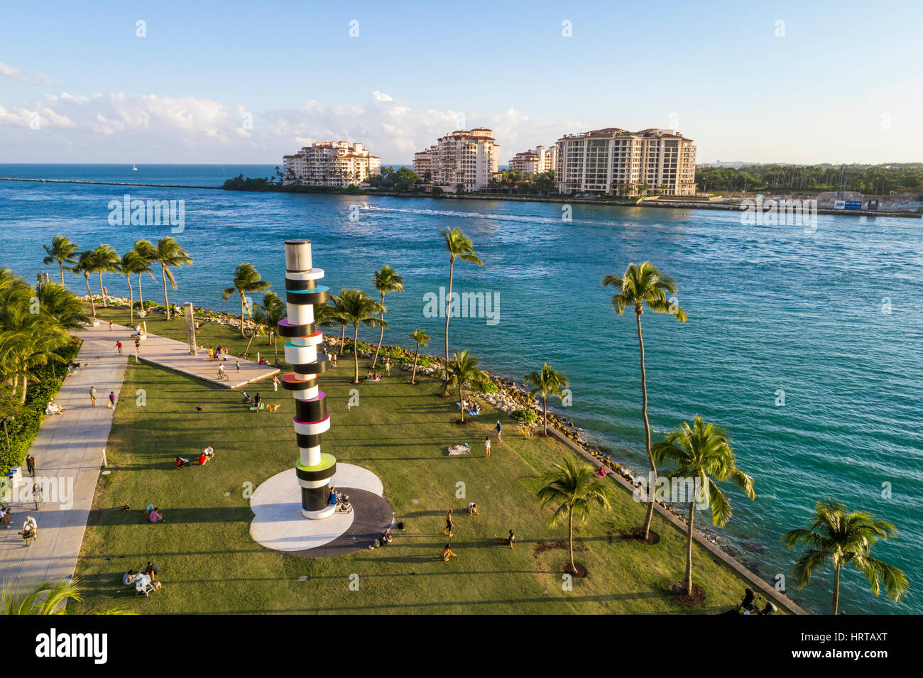 Miami Beach Florida,Atlantic Ocean,Government Cut,South Pointe Park,Fisher Island,Obstinate Lighthouse,Tobias Rehberger,public art,aerial overhead fro Stock Photo