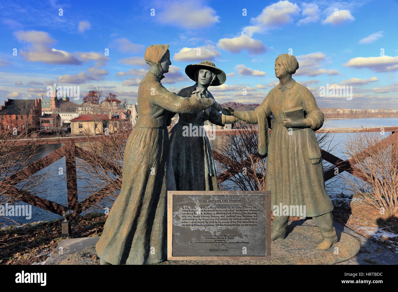 Sculpture depicting May 1851 chance meeting of Elizabeth Caty Stanton and Susan B. Anthony Seneca Falls New York birthplace of the women's right movem Stock Photo