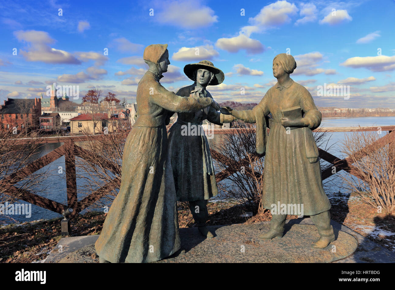 Sculpture depicting May 1851 chance meeting of Elizabeth Caty Stanton and Susan B. Anthony Seneca Falls New York birthplace of the women's right movem Stock Photo