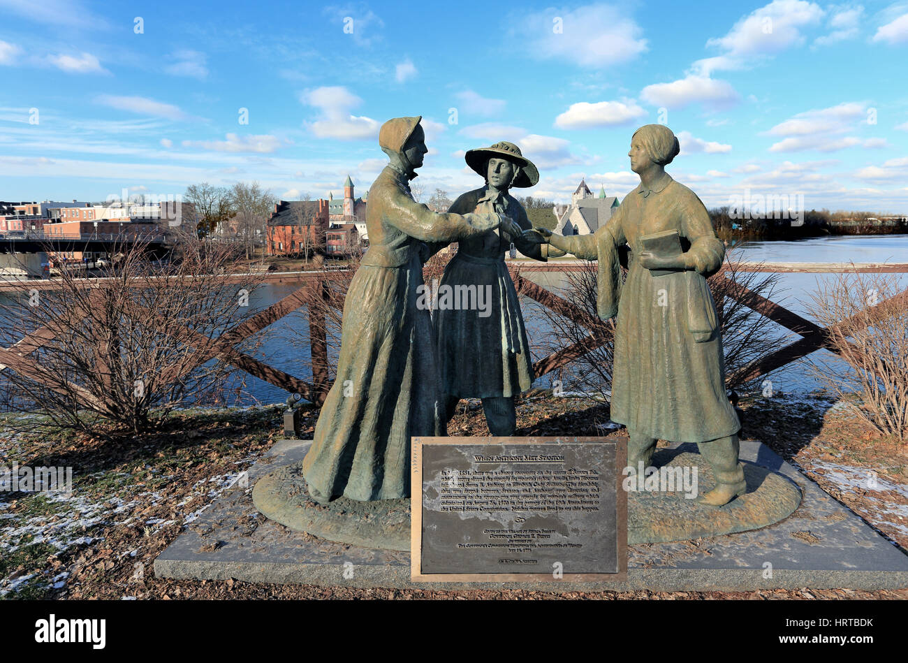 Sculpture depicting May 1851 chance meeting of Elizabeth Caty Stanton and Susan B. Anthony Seneca Falls New York birthplace of the women's right movem Stock Photo