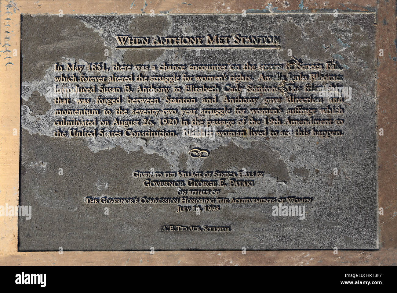 Plaque at sculpture depicting May 1851 chance meeting of Elizabeth Caty Stanton and Susan B. Anthony Seneca Falls New York birthplace of the women's r Stock Photo