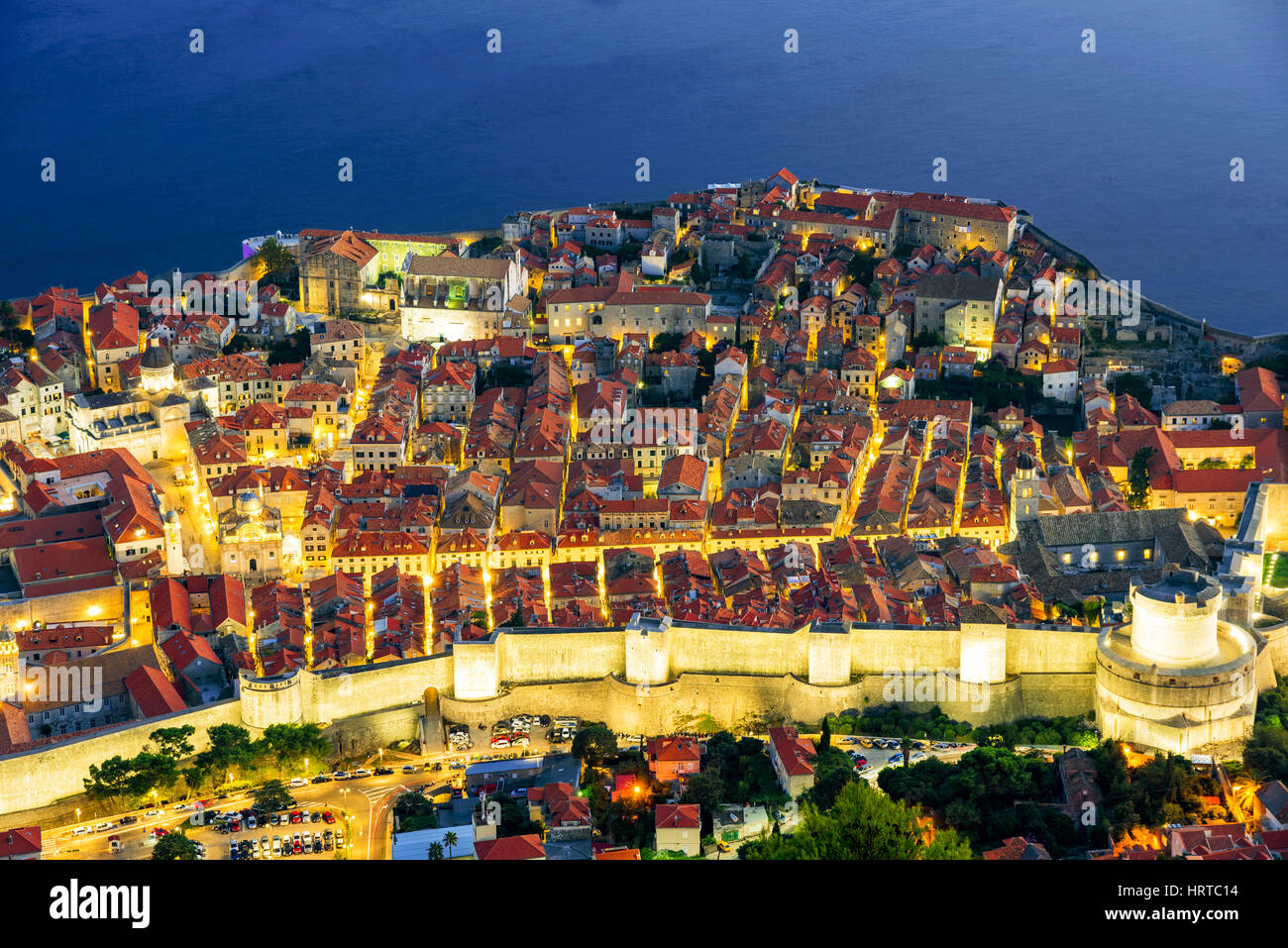 Aerial view of Dubrovnik old town at night Stock Photo