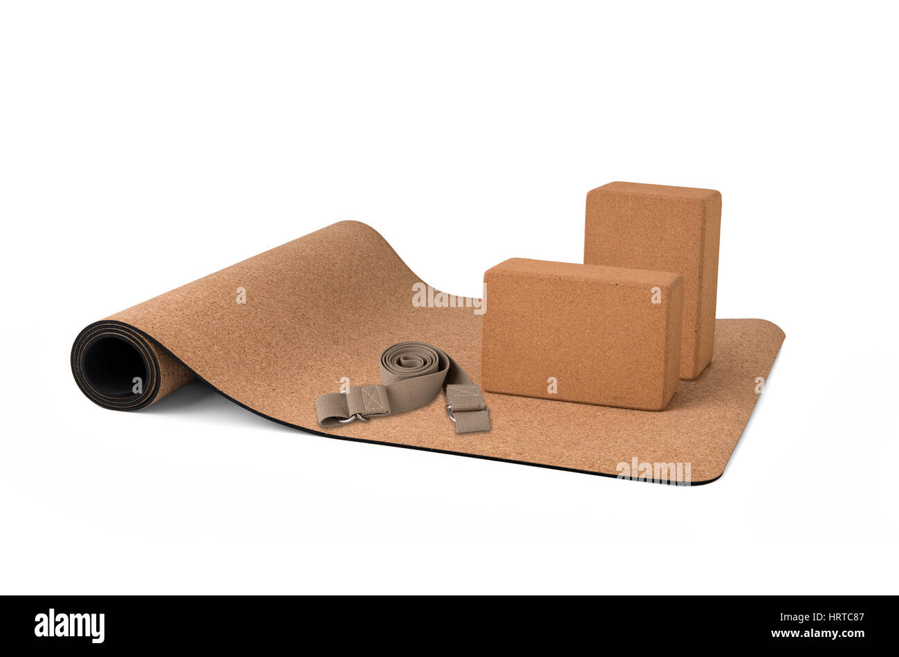 Cork Yoga Mat Set With Blocks and Strap, Premium Eco Friendly Product on White Background Stock Photo