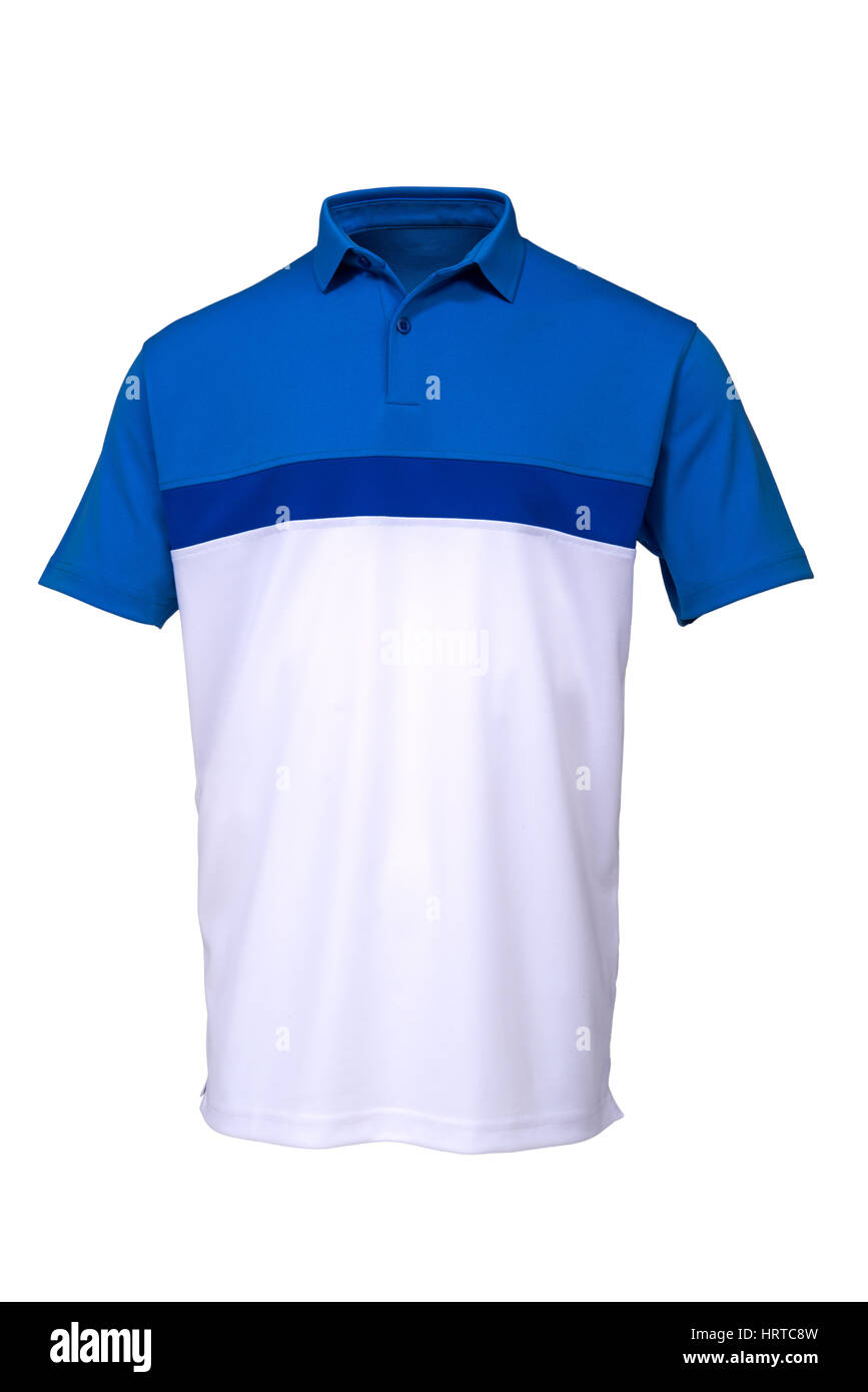 Blue and white golf tee shirt for man on white background Stock Photo