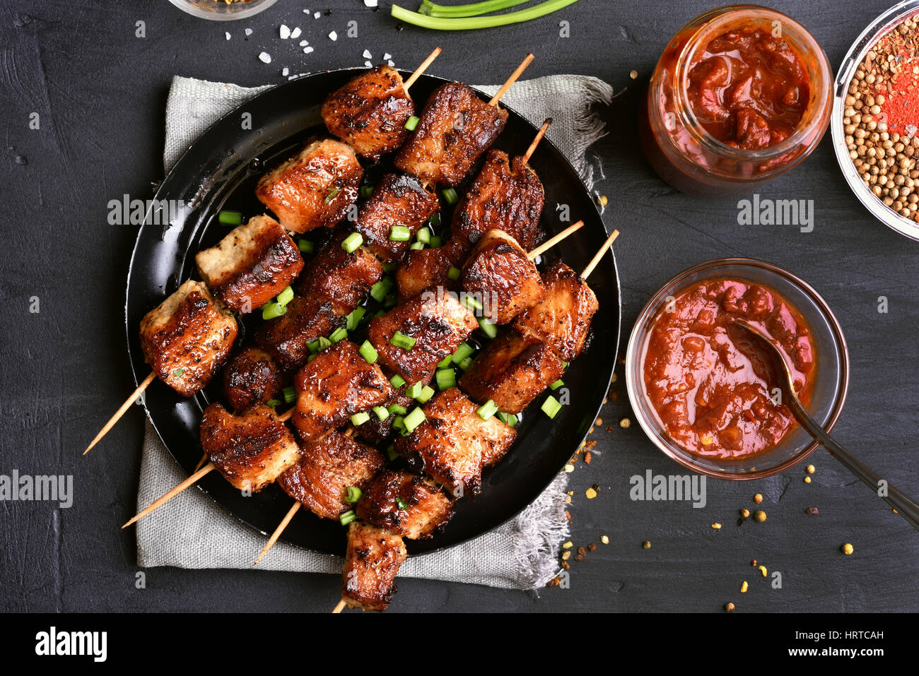 Barbecued pork kebabs and tomato sauce, top view Stock Photo Alamy