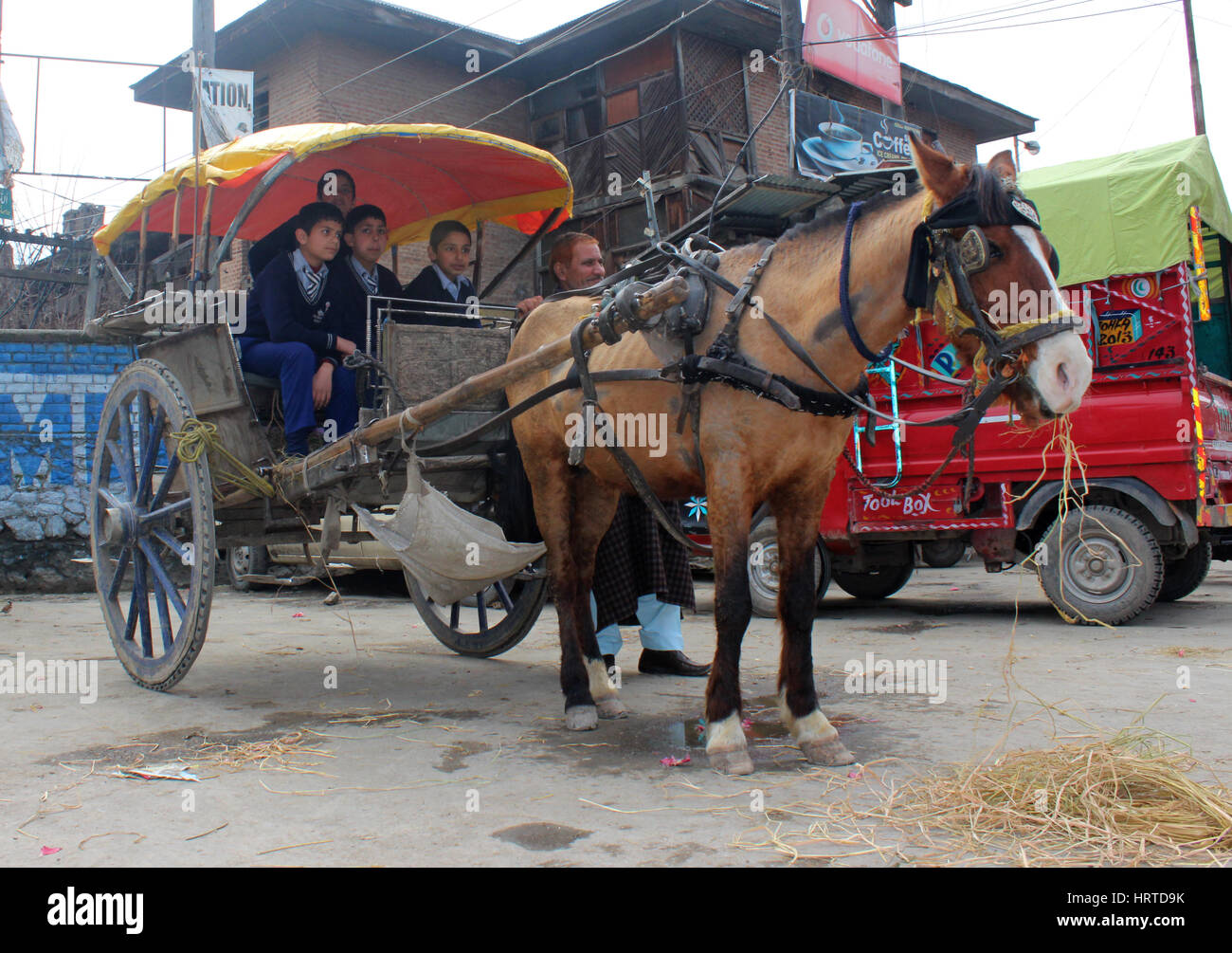 A Tonga or tanga is a light carriage or curricle drawn by horse used for  transportation in Indian occupied Kashmir. They have a canopy over the  carriage with a single pair of