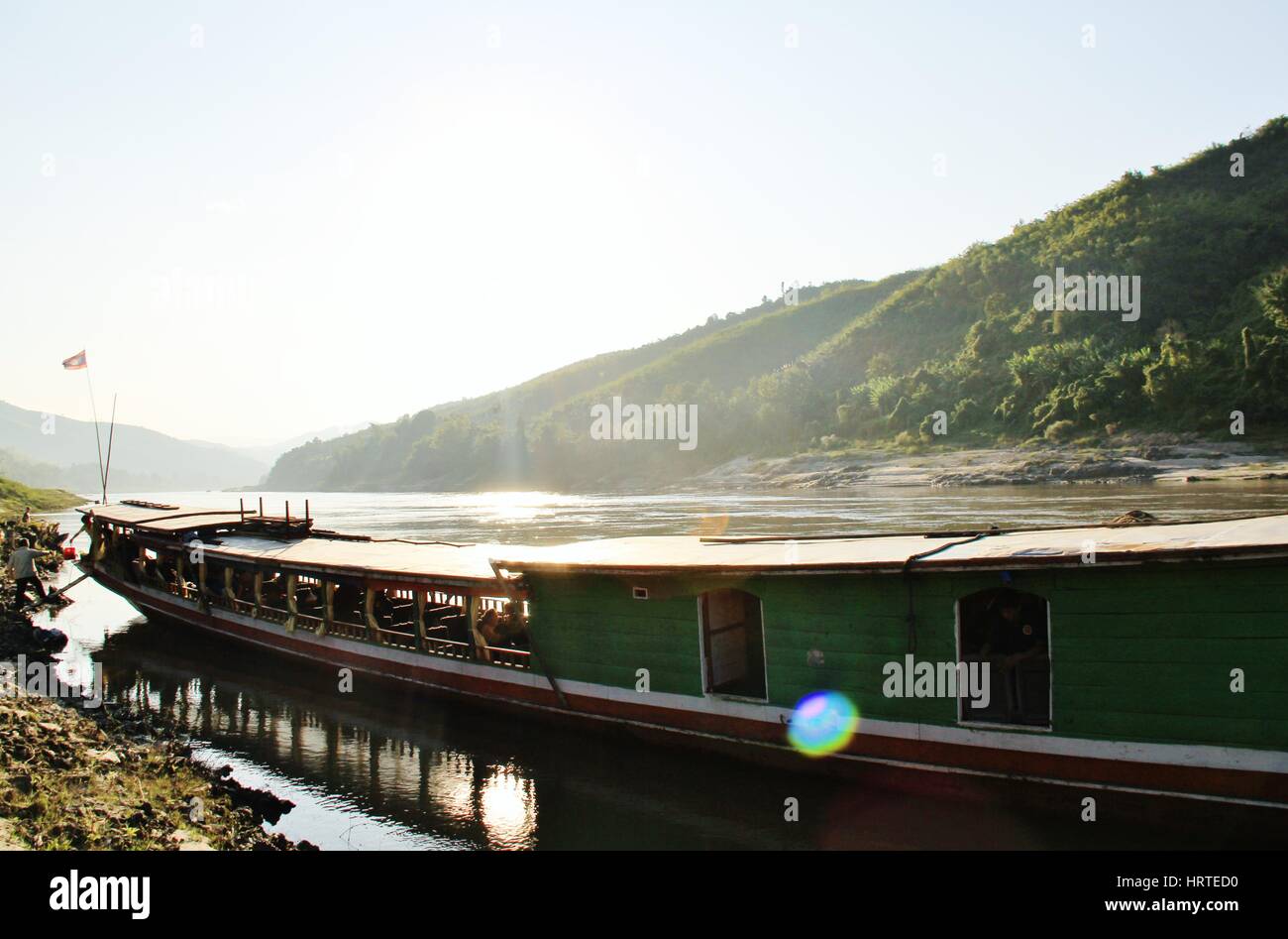 Mekong trip by a long-tail boat, Laos Stock Photo