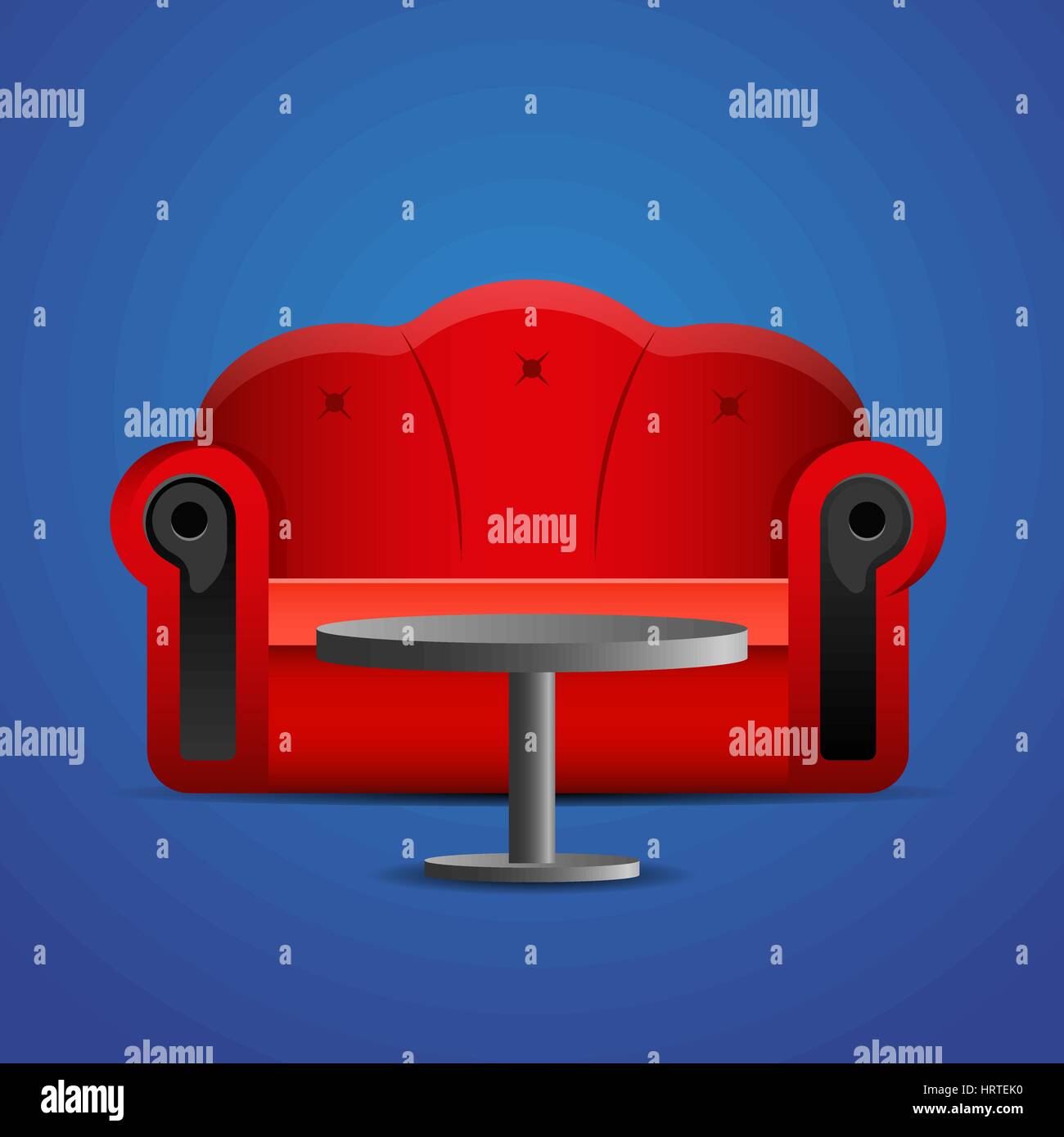 Red sofa with table on blue background. Stock Vector