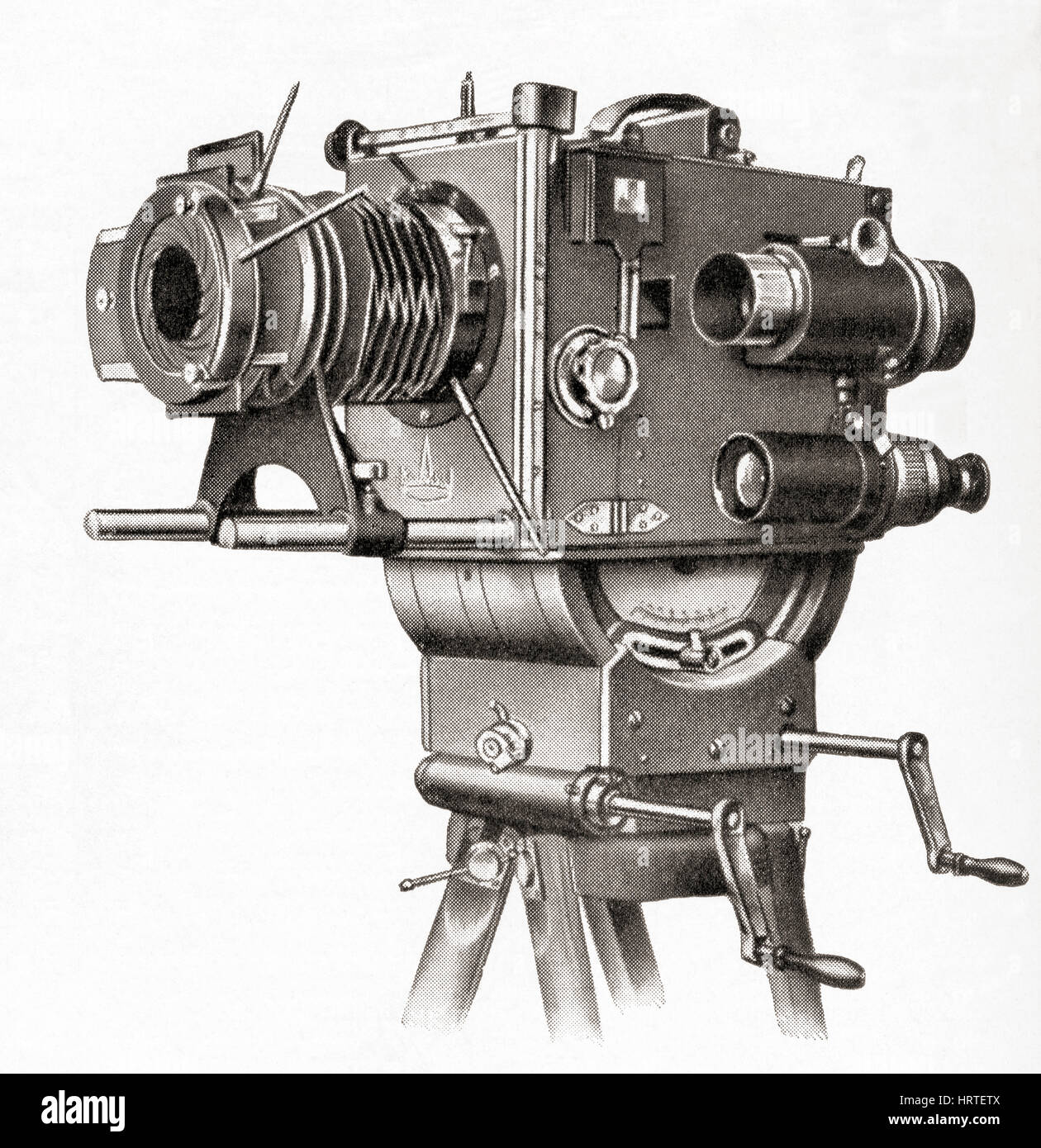 A professional movie camera made at Askania Werke, Berlin, Germany.   From Meyers Lexicon, published 1927. Stock Photo