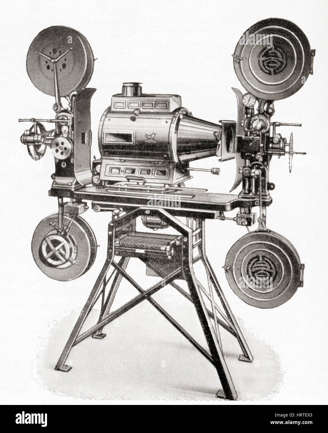 A Hahn Goerz twin projection movie camera.  From Meyers Lexicon, published 1927. Stock Photo
