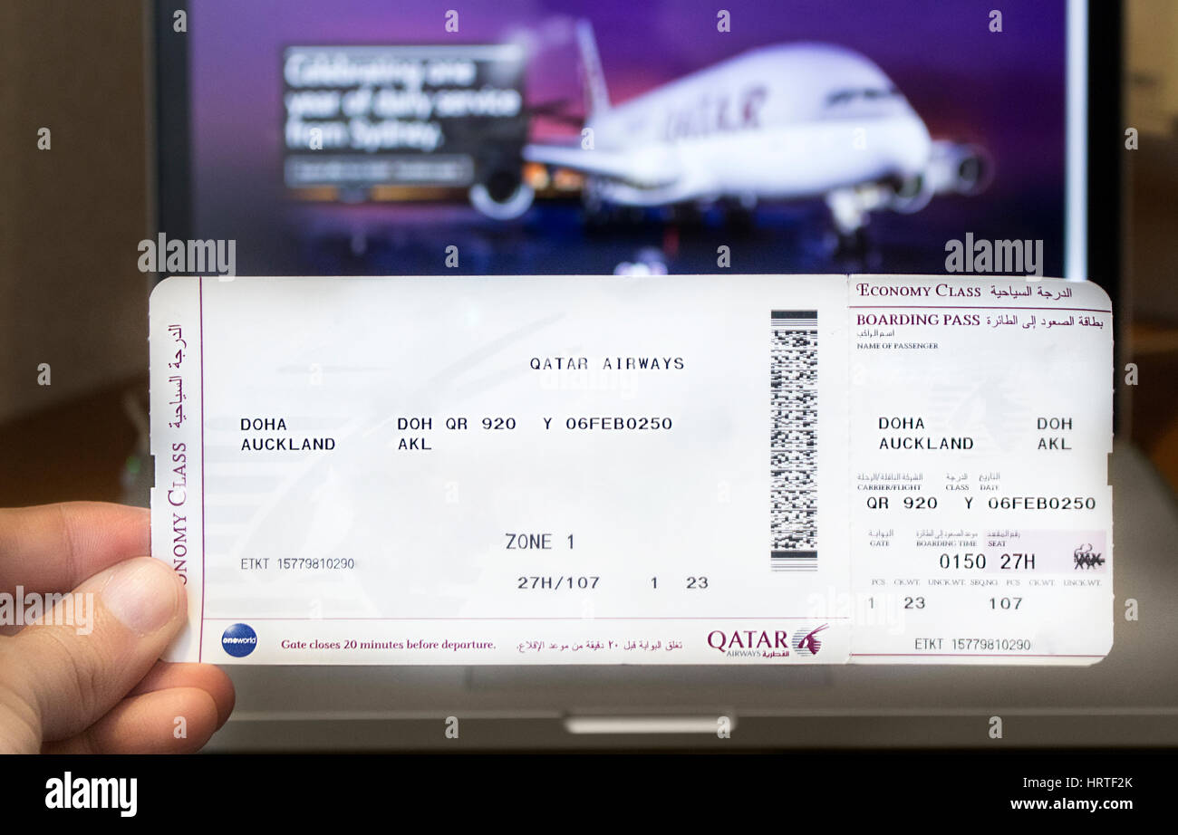Boarding pass of the longest flight route non-stop in the world Doha - Auckland. Stock Photo