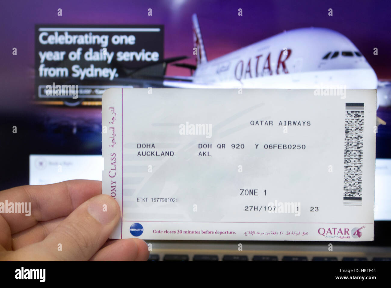 Boarding pass of the longest flight route non-stop in the world Doha - Auckland. Stock Photo