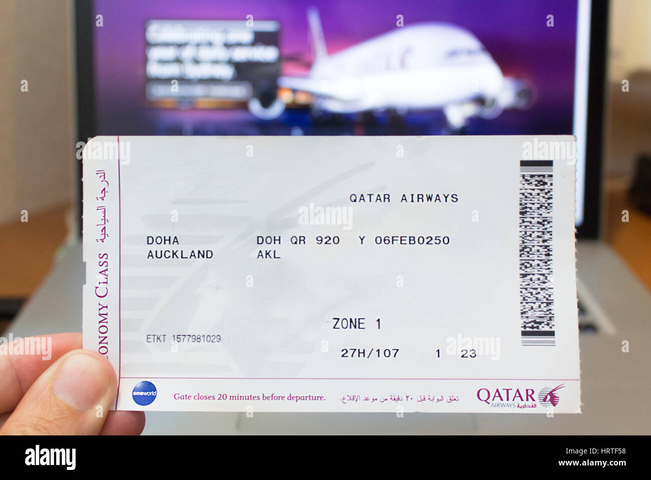 Boarding pass of the longest flight route non-stop in the world Doha - Auckland. Stock Photo