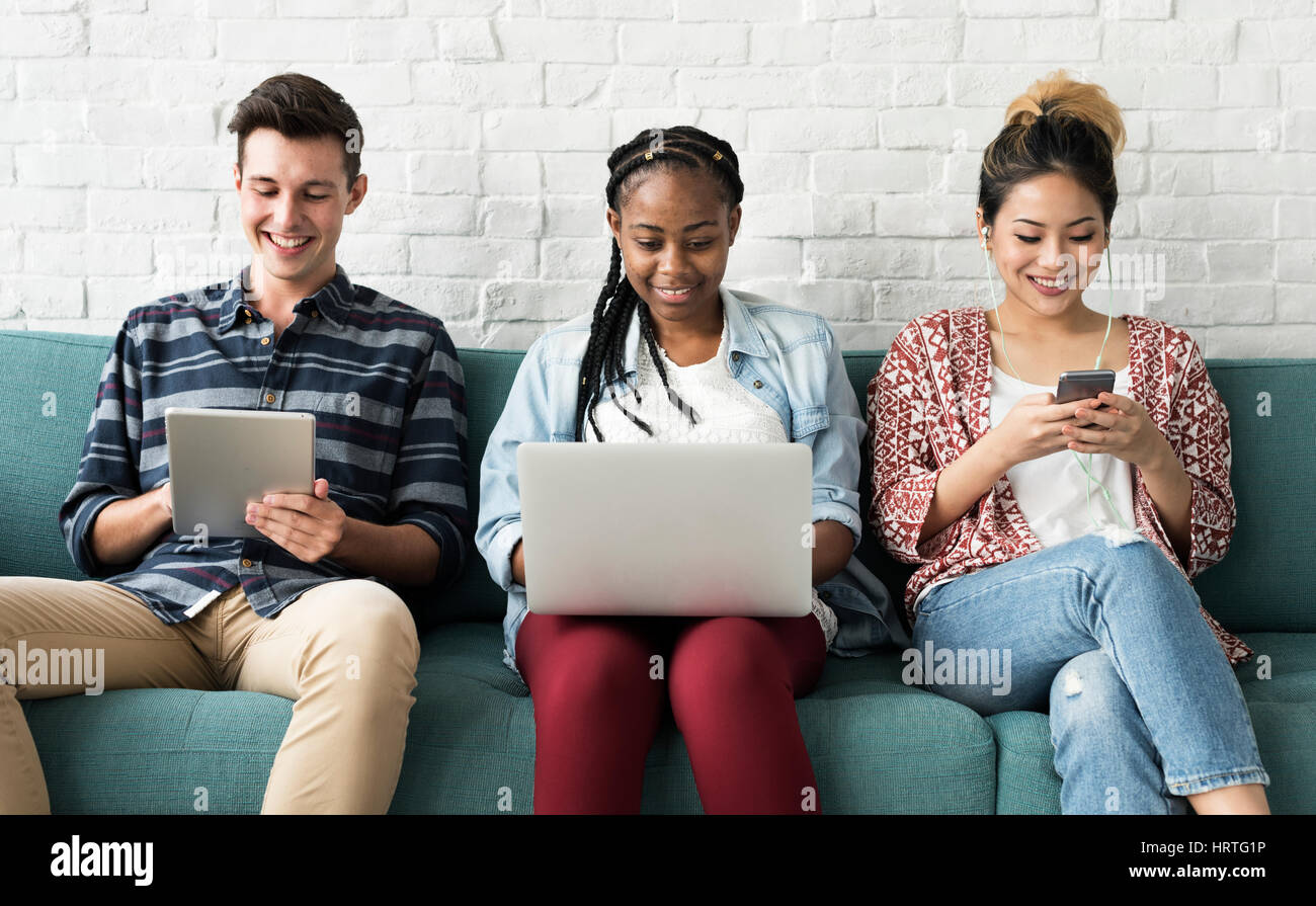 People Smiling While Using Technology People Friendship Smiling Happiness Digital Devices Technology Stock ...