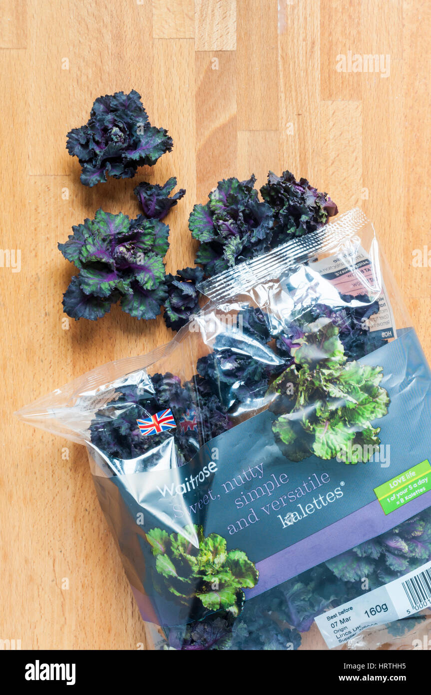 A packet of Kalettes from  Waitrose.  A cross between kale and Brussels sprouts. Stock Photo