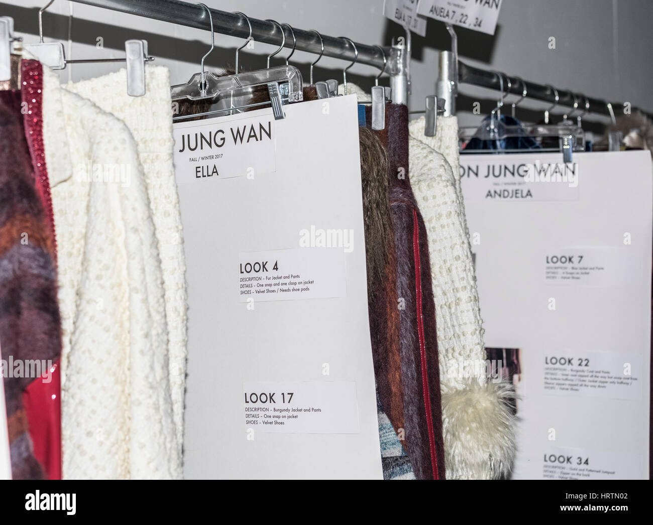 New York, United States. 08th Feb, 2017. Racks with dresses on the backstage for Son Jung Wan Fall/Winter 2017 collection runway show during New York Fashion Week at Skylight Clarkson Sq., Manhattan Credit: Sam Aronov/Pacific Press/Alamy Live News Stock Photo