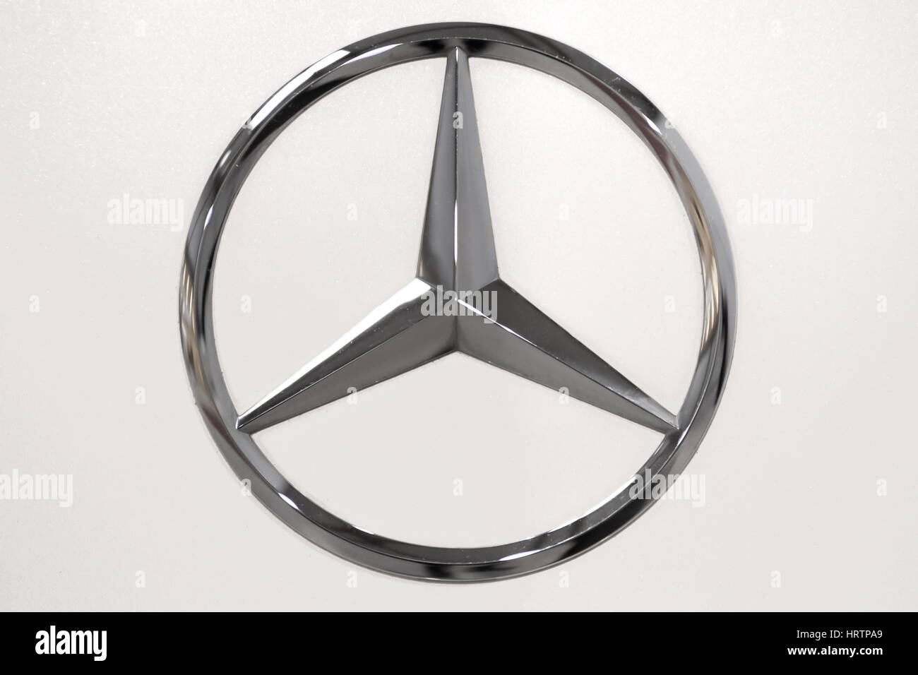Krakow, Poland - February 23, 2017: Mercedes Benz Sign Close Up during Mobile-IT Exhibition. Mercedes is German luxury automobile manufacturer. Stock Photo