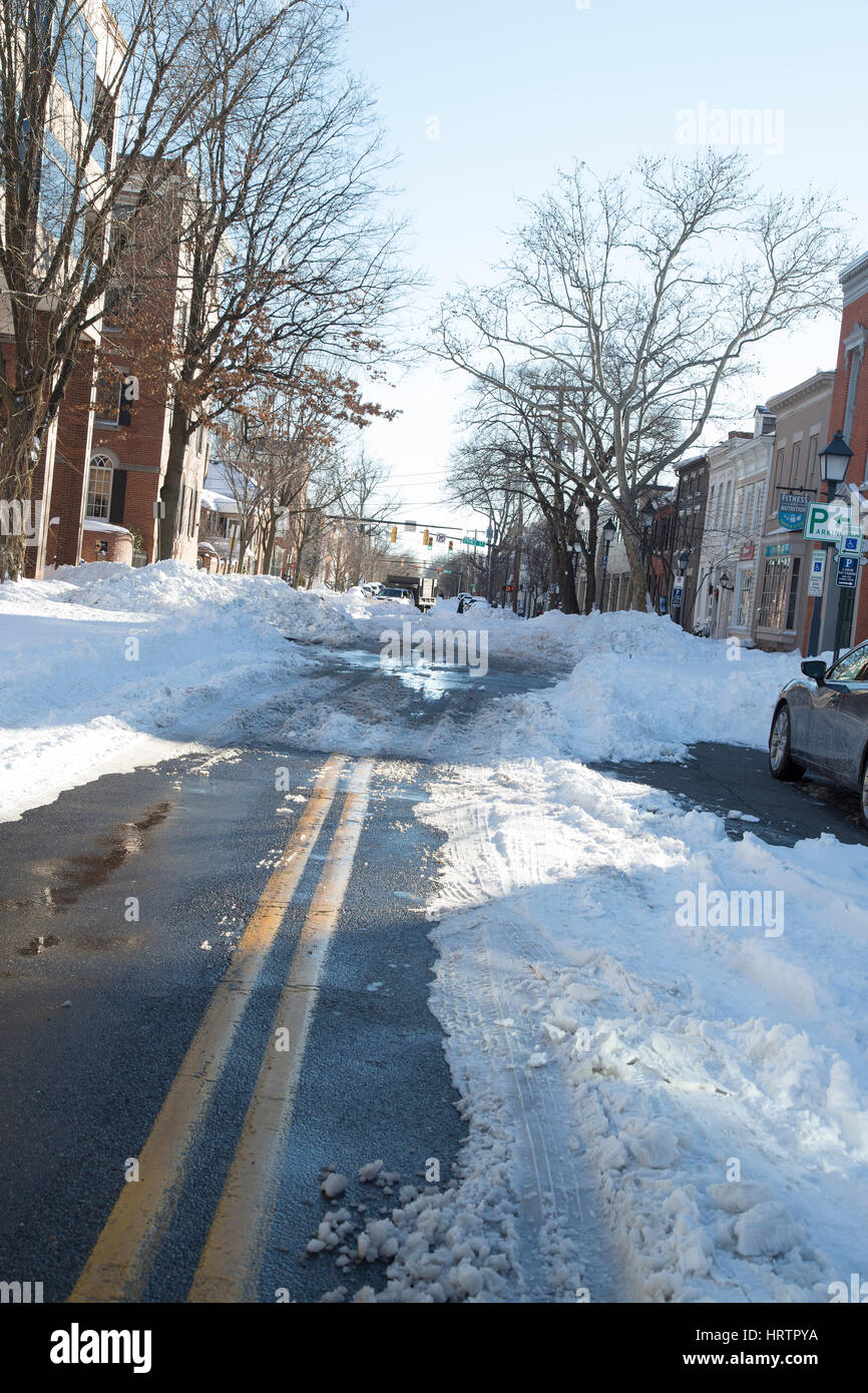 Unplowed street after a snowstorm in Alexandria, Virginia. January 2016. Stock Photo