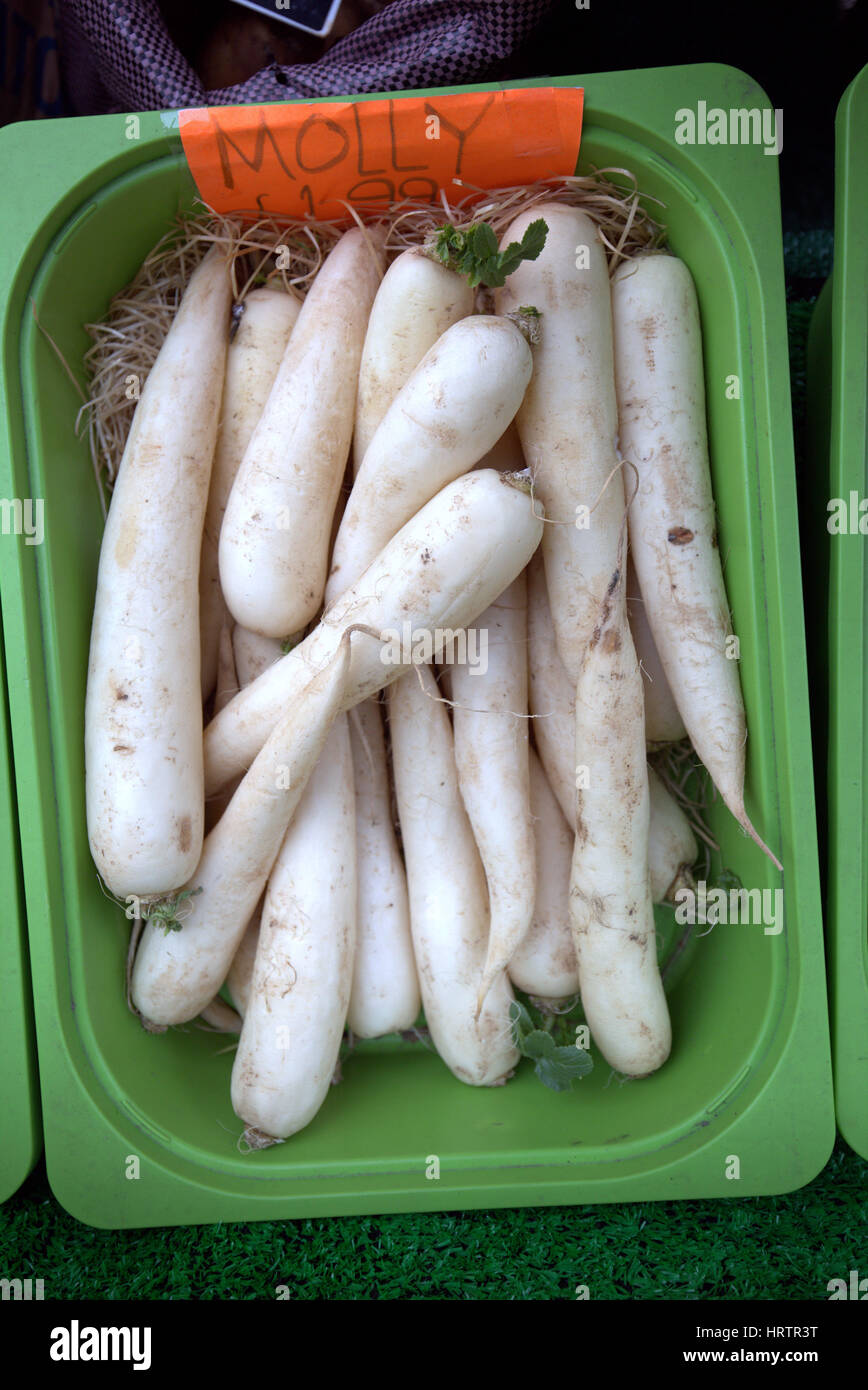 fruit and vegetable stall Daikon is a mild-flavored winter radish Stock Photo