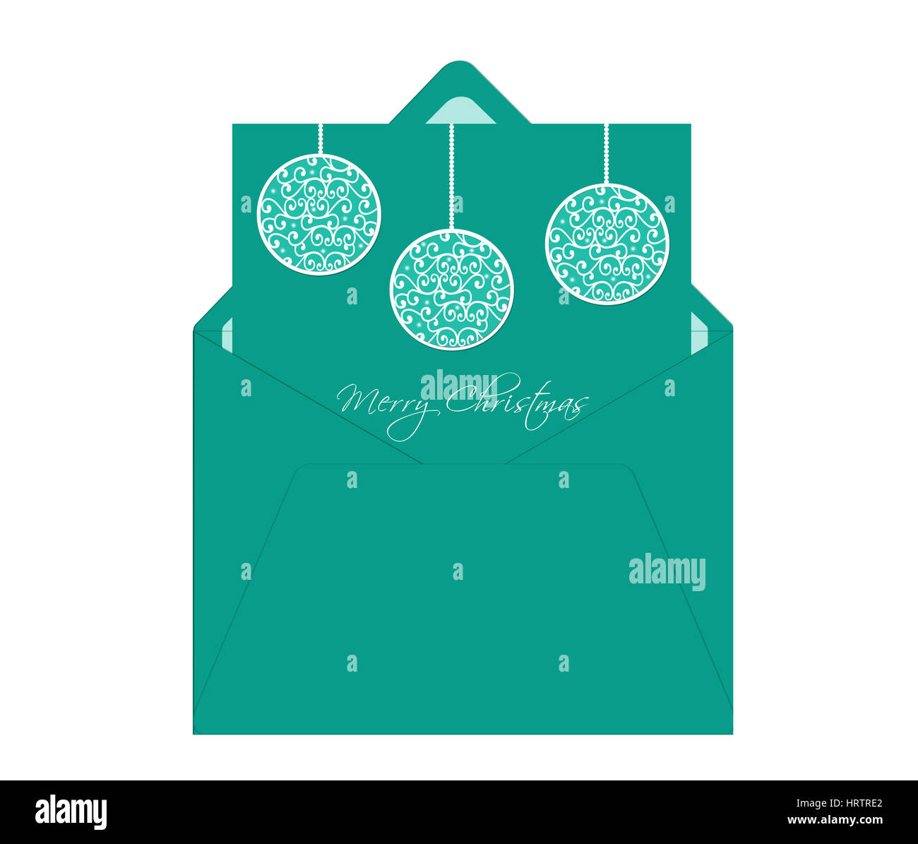 Merry Christmas Card with Envelope and ball ornaments in green color Stock Photo
