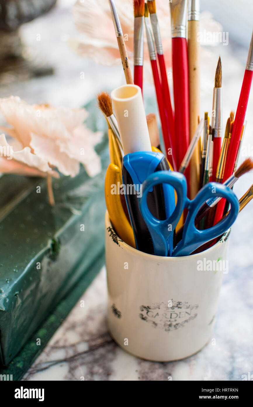 Brushes and scissors Stock Photo Alamy