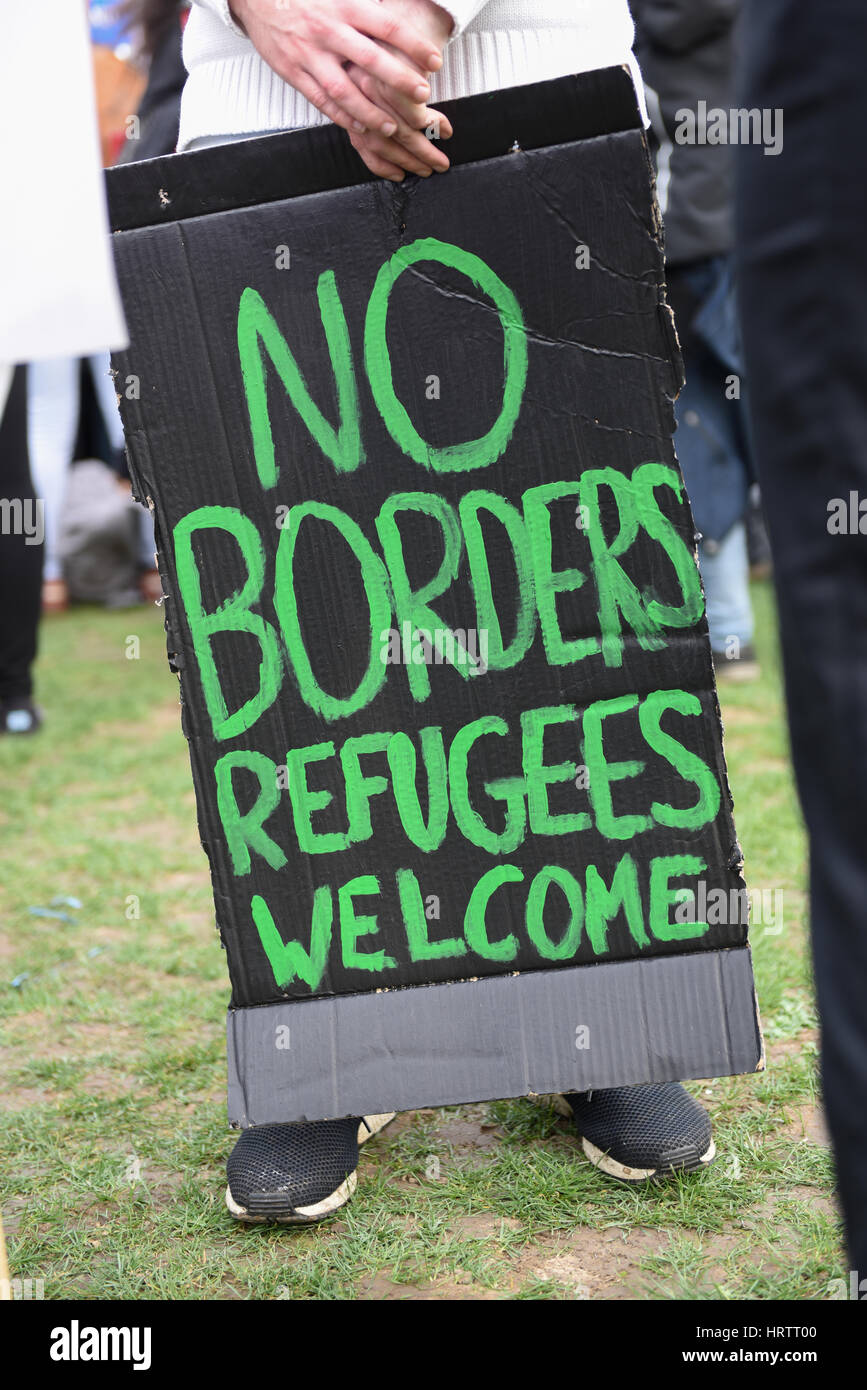 Placard: 'No Borders Refugees Welcome' Stock Photo