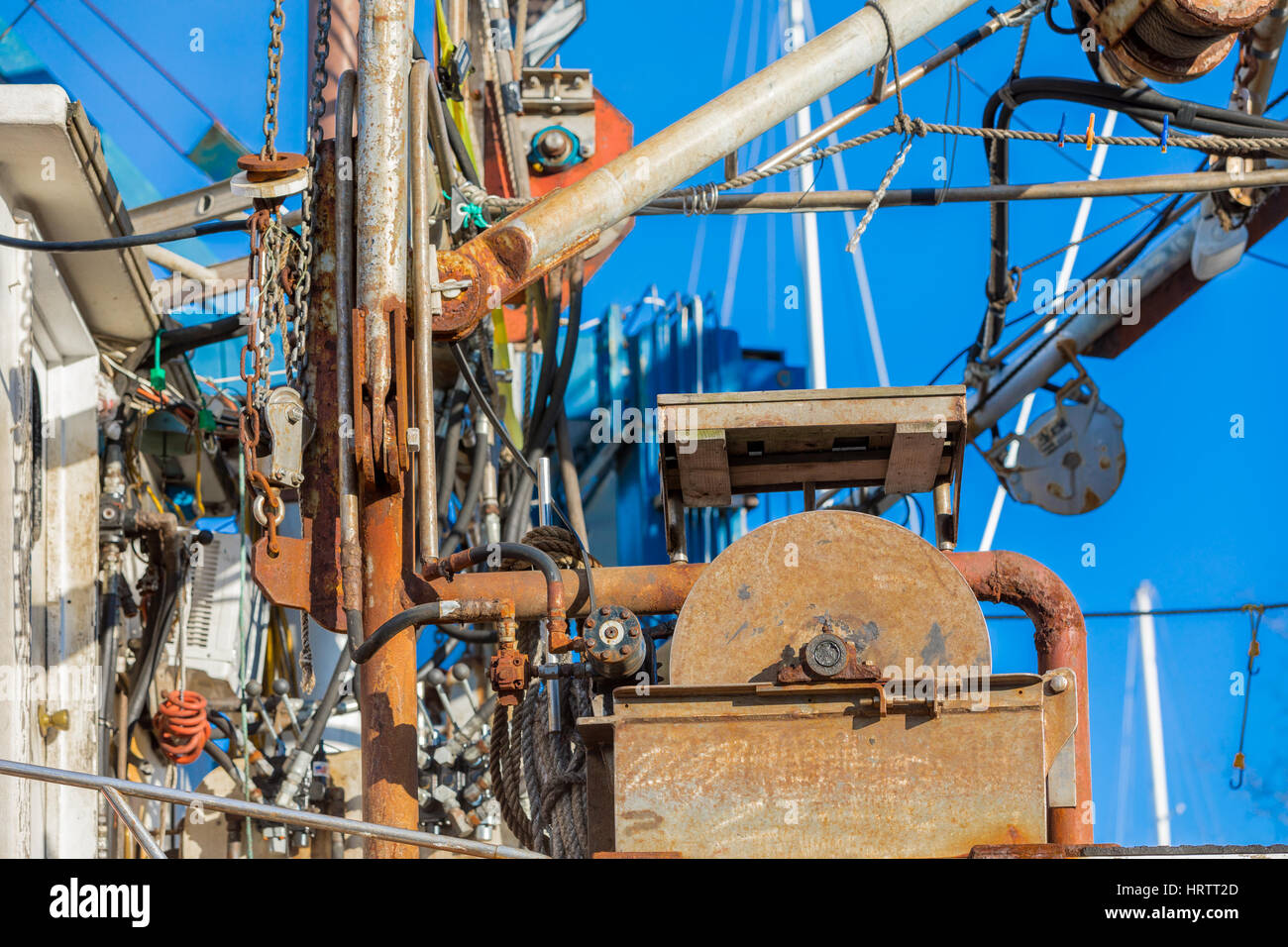 detail image of equipment on a fishing boat in Montuak, NY Stock Photo