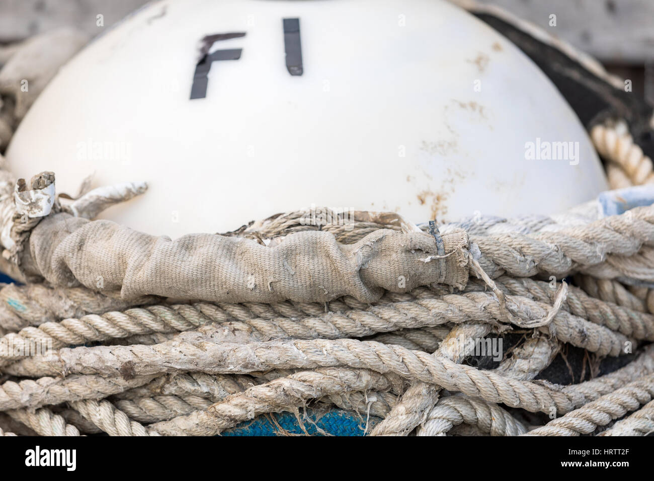 white buoy with old rope wrapped around it, F1 Stock Photo