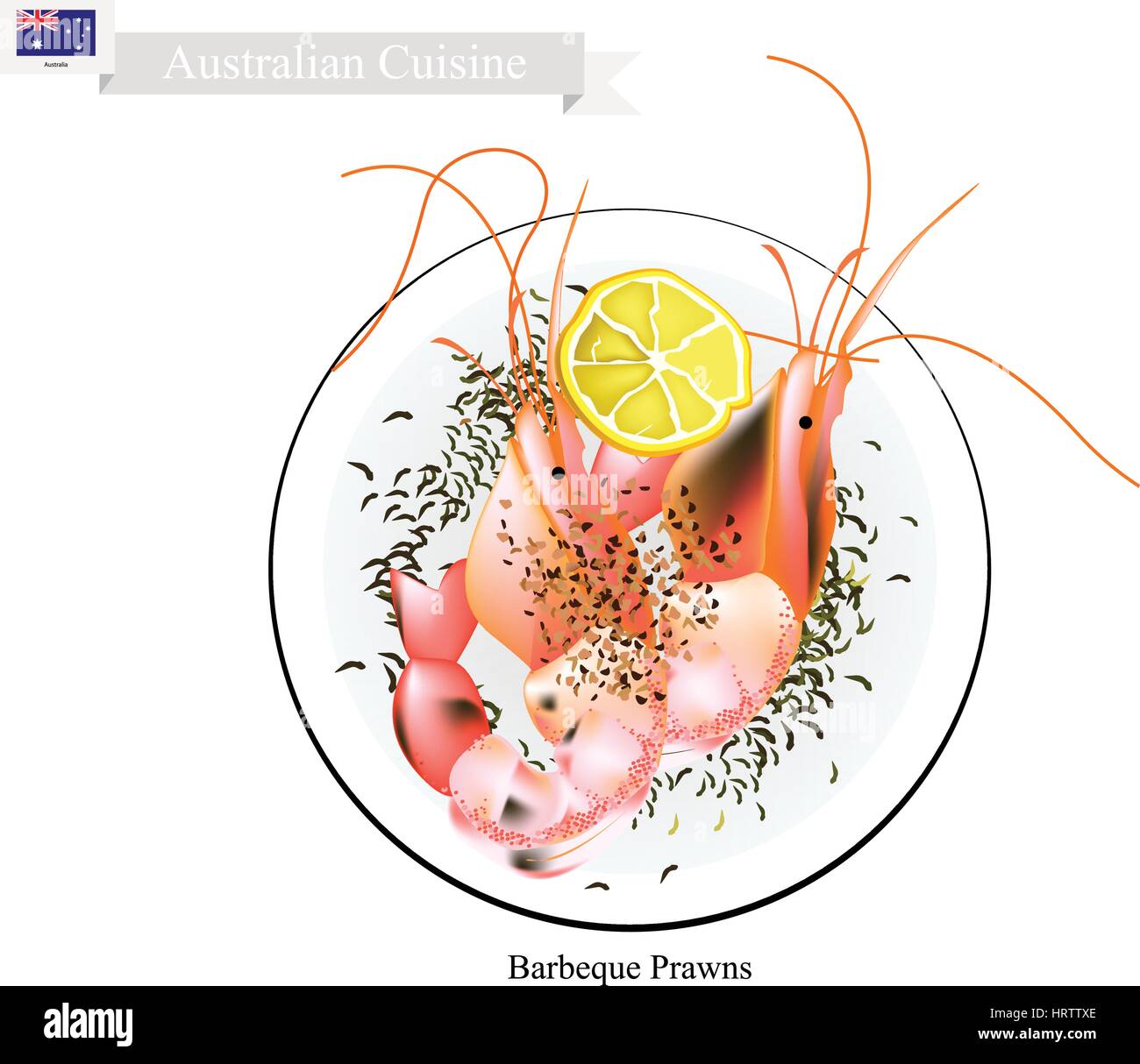 Australian Cuisine, Illustration of Traditional Barbecued Prawns or BBQ Garlic Prawns. One of Most Popular Dish in Australia. Stock Vector