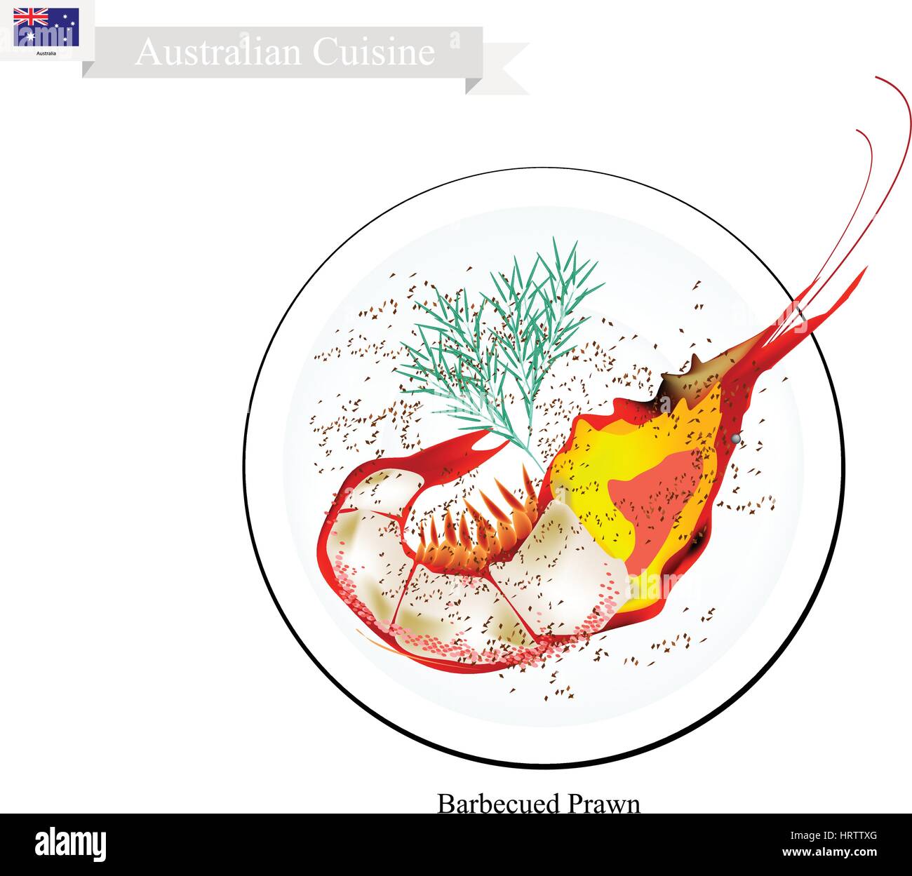 Australian Cuisine, Illustration of Traditional Barbecued Prawn or BBQ Garlic Prawn. One of Most Popular Dish in Australia. Stock Vector