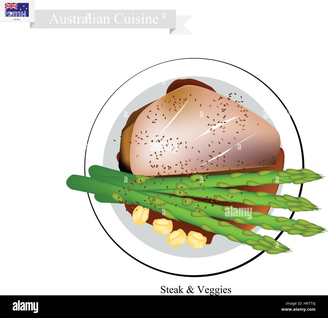 Australian Cuisine, Illustration of Traditional Grilled Steak & Veggies. A Famous Dish of Australia. Stock Vector