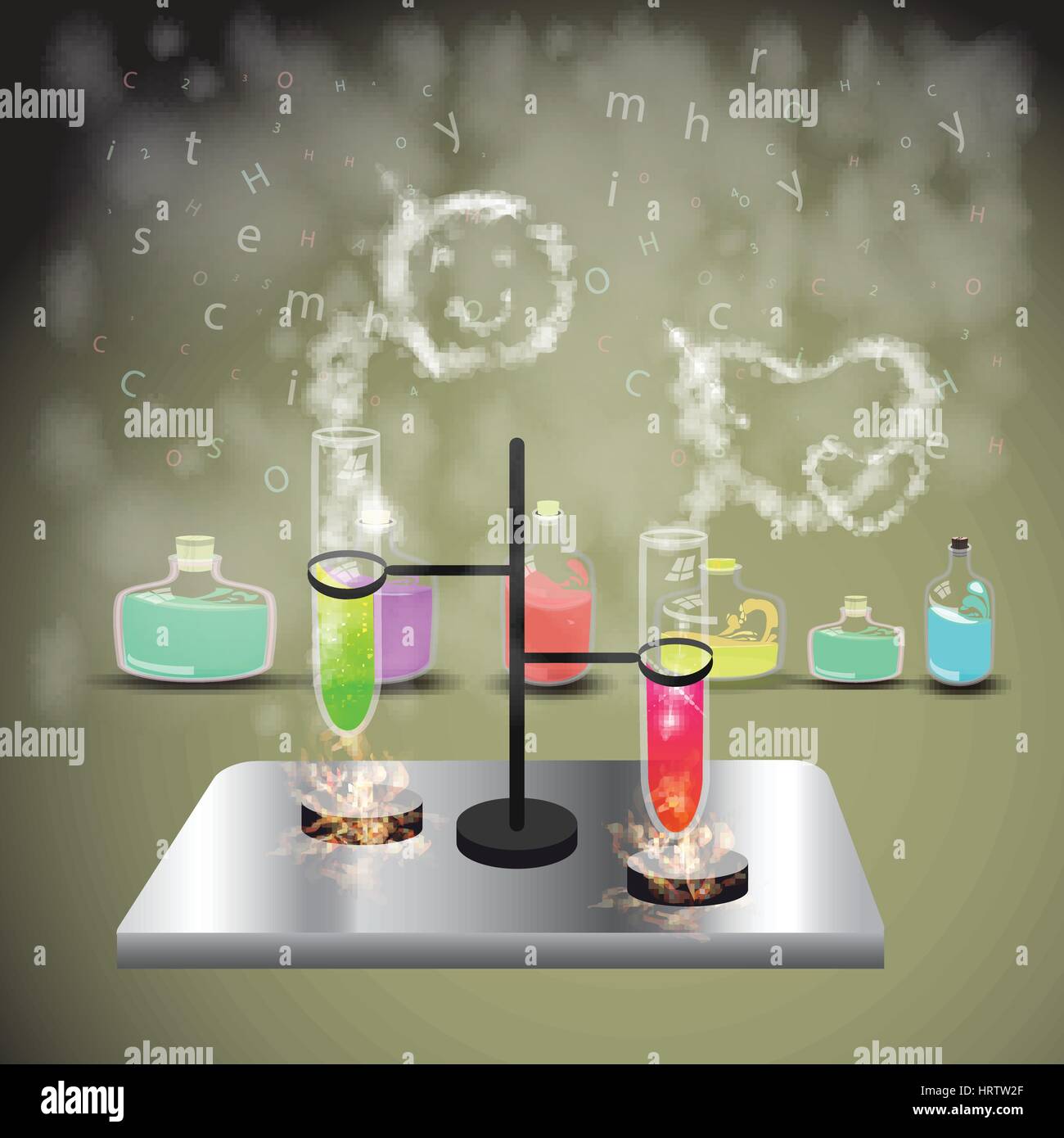 Chemical reaction flask smoke. concept of education. illustration. use