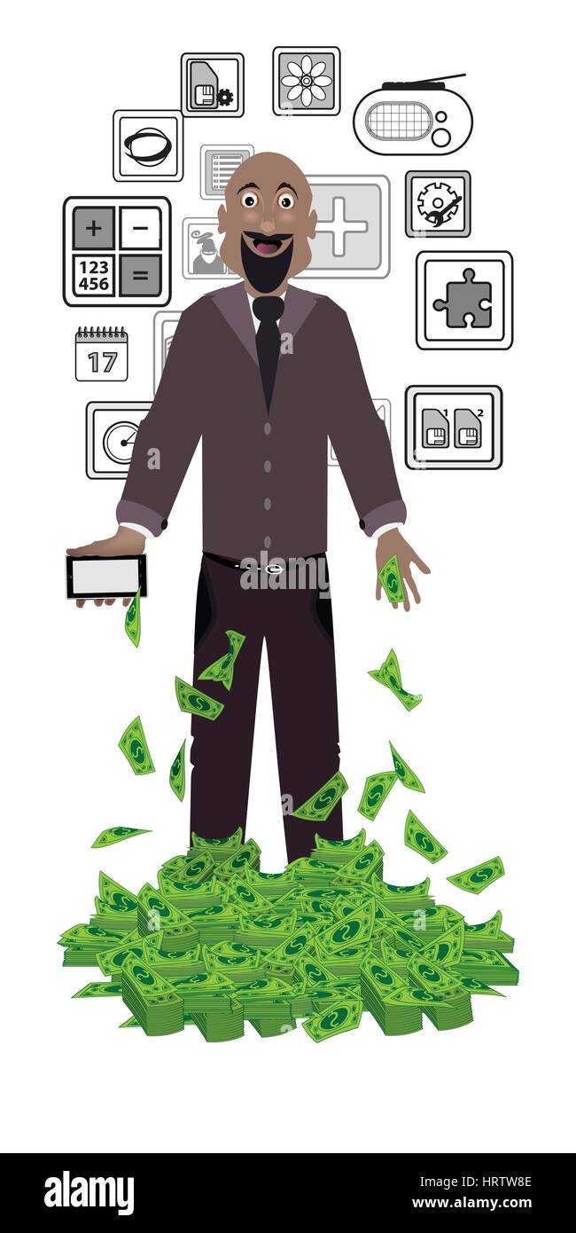 man with dollars on a white background. concept of finance. illustration. use a smart phone, website, printing, decorating etc .. Stock Vector