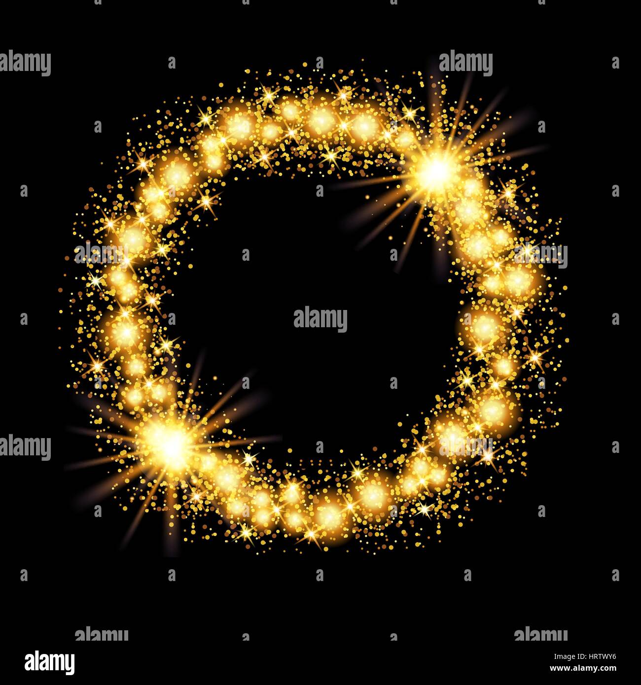 Gold glow glitter circle frame with stars on black background. Vector ...