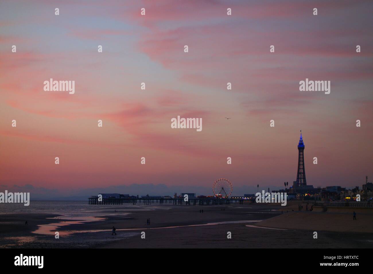 Blackpool Tower and beach at dusk Stock Photo