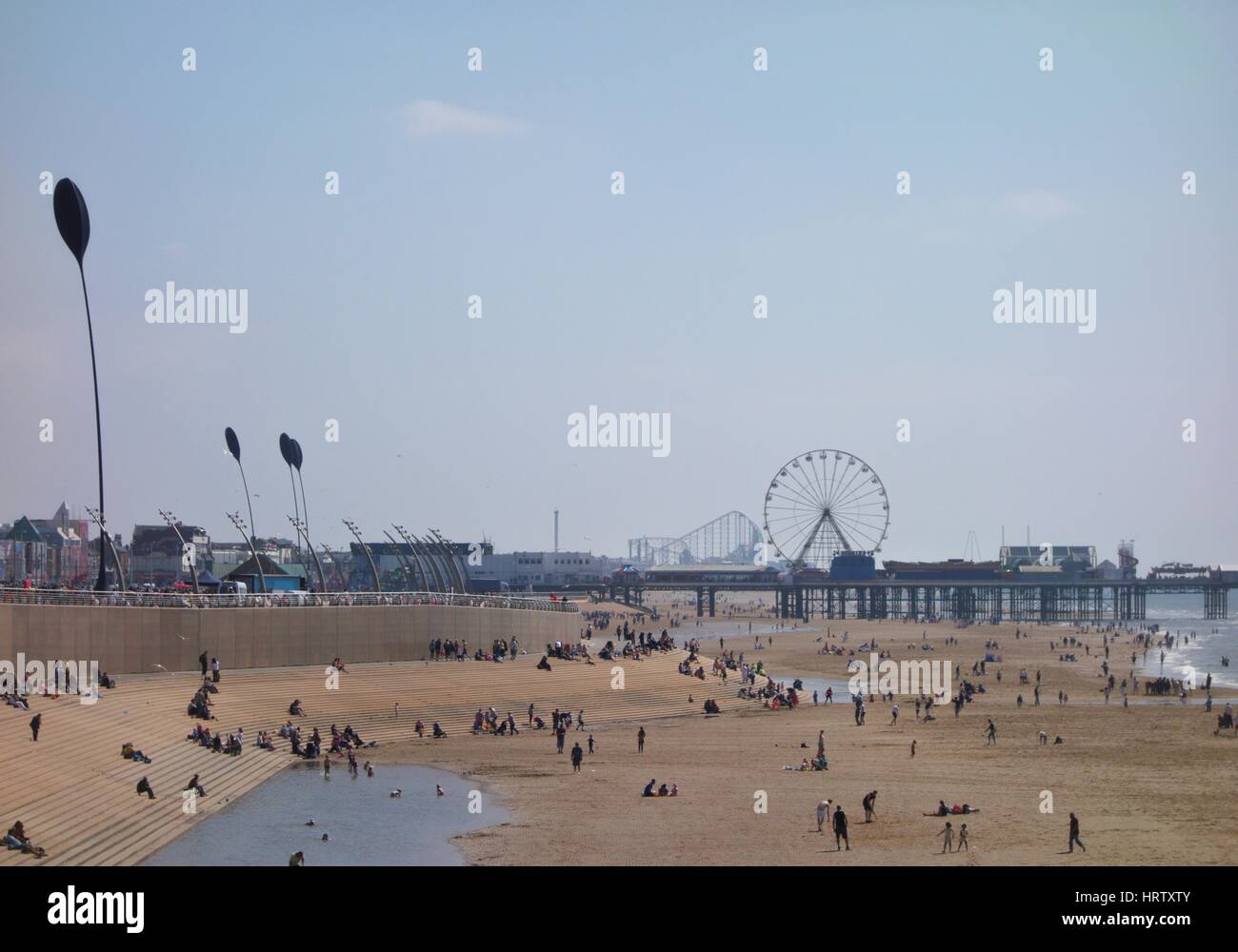 Blackpool beach and central pier in summer Stock Photo