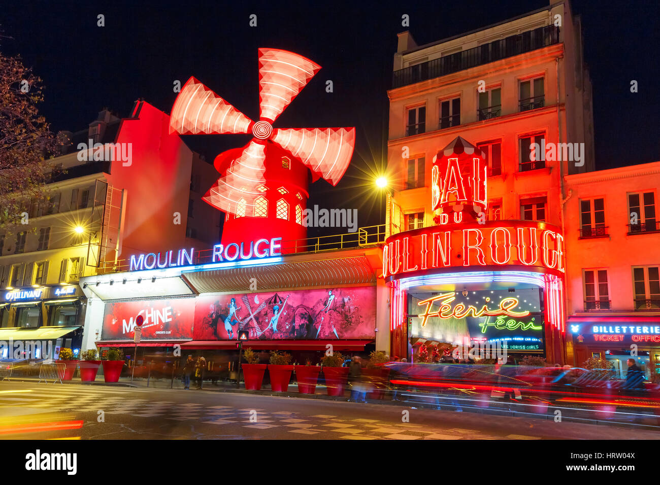 Paris, France - December 28, 2016: The picturesque famous cabaret Moulin Rouge located close to Montmartre in the Paris red-light district of Pigalle  Stock Photo