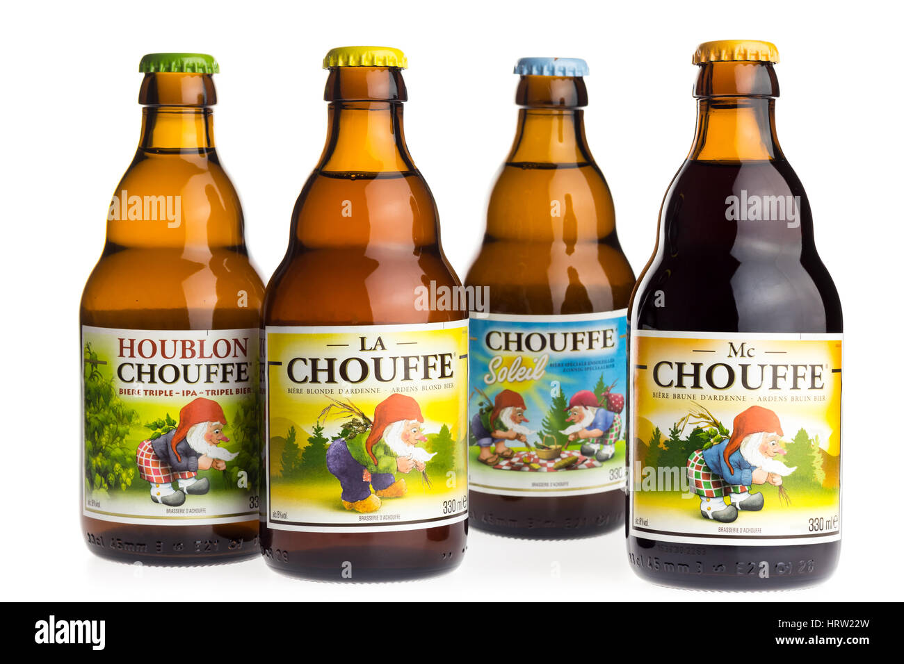 Bottles of Belgian Chouffe Houblon, Soleil, MC Chouffe and blonde beer isolated on a white