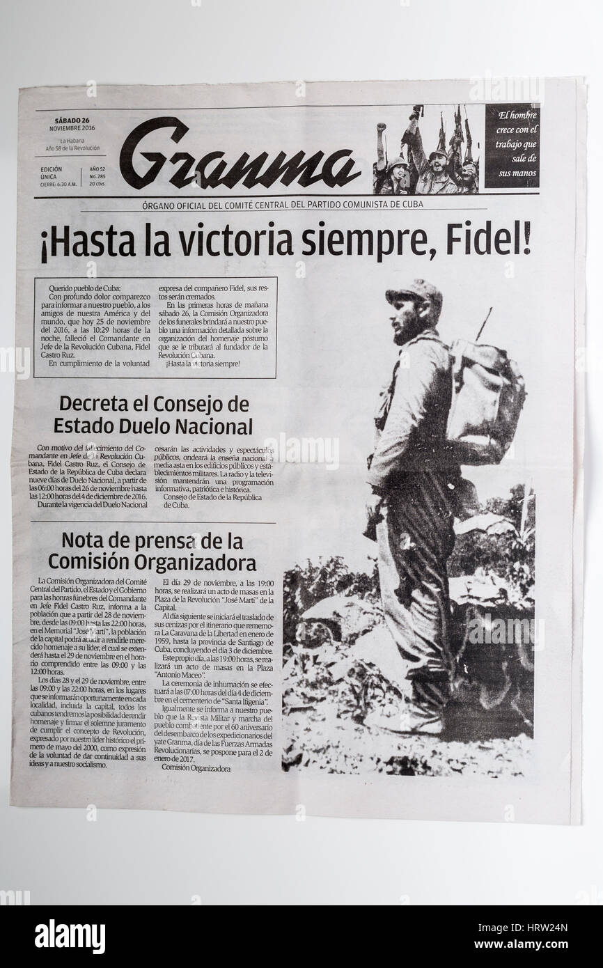 Cuban newspapers front page on the day Fidel Castro death was announced. Stock Photo