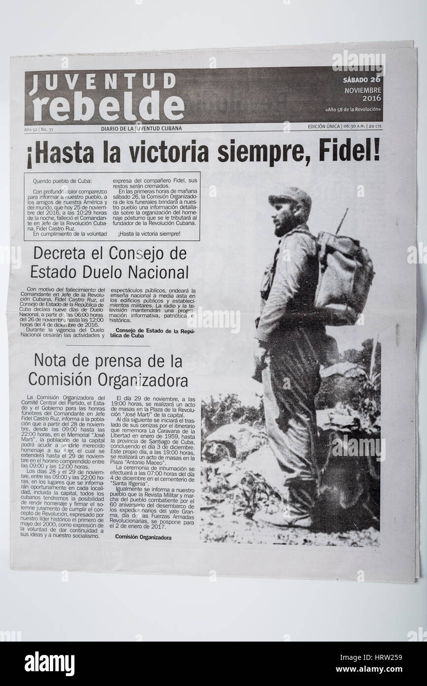 Cuban newspapers front page on the day Fidel Castro death was announced. Stock Photo