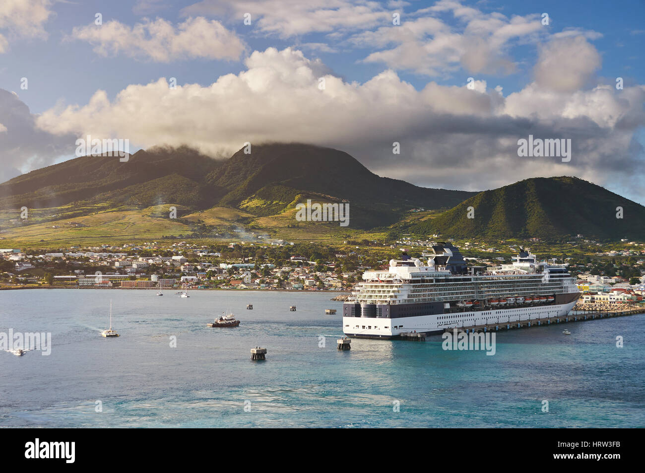 Port in caribbean island St Kitts sunny day time. Cruise ship docked on tropical island Stock Photo
