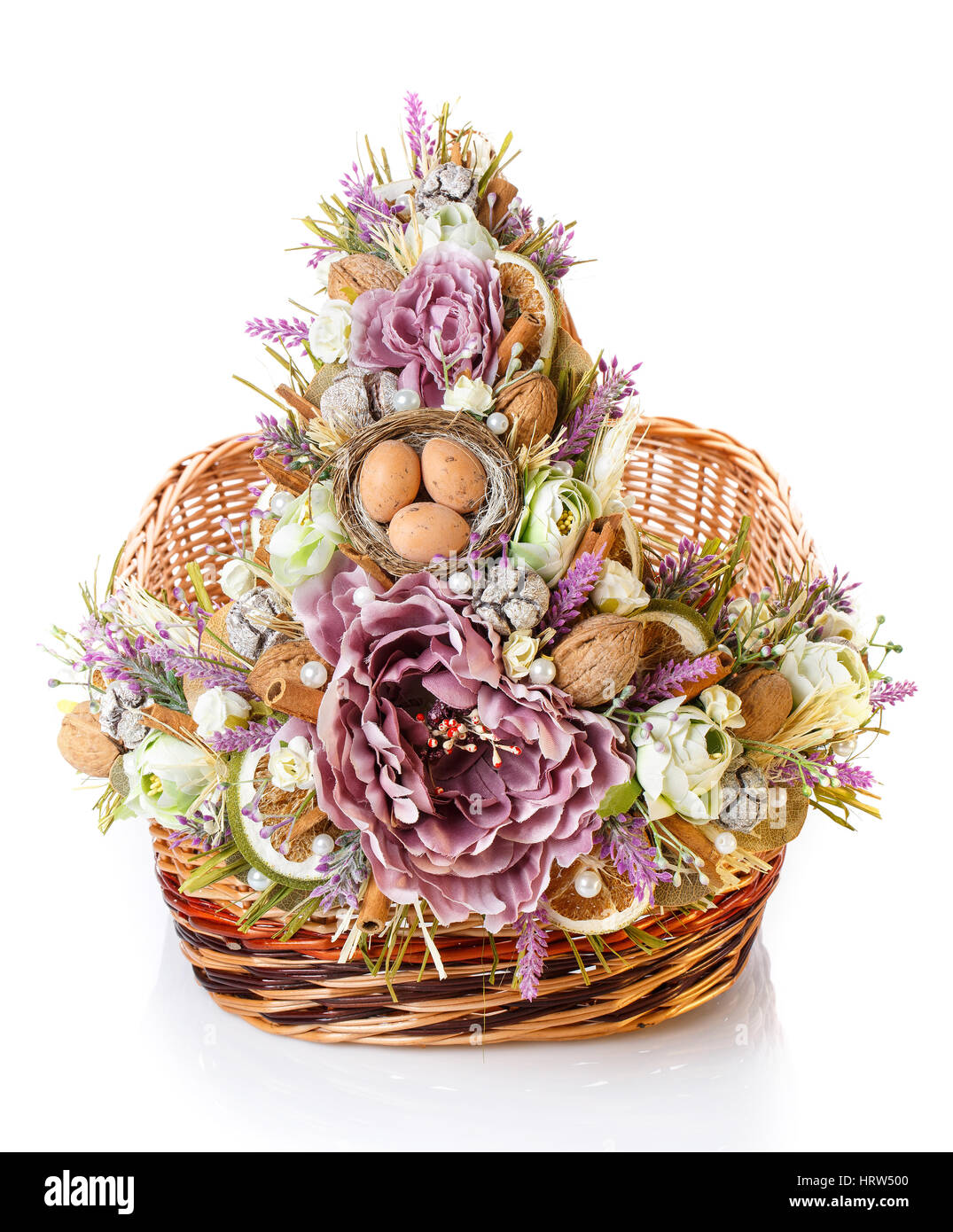 beautifully decorated empty wicker basket on a white background Stock ...