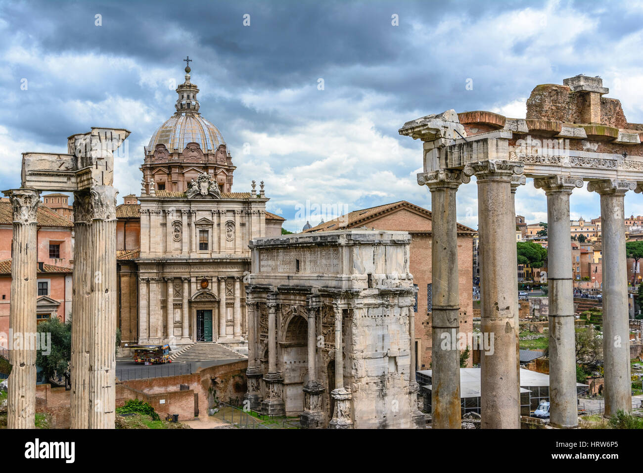 View over the ancient Forum of Rome showing temples, pillars, the senate and ancient streets Stock Photo