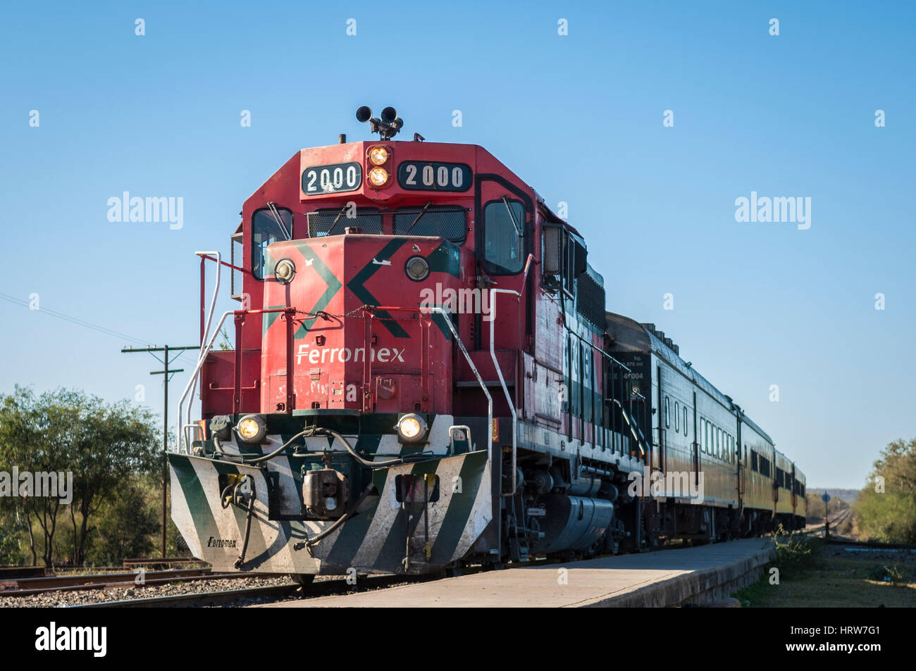 Chihuahua Pacific Railroad train 'Chepe' at the train station in El Fuerte before departing to Copper Canyon, Mexico. Stock Photo